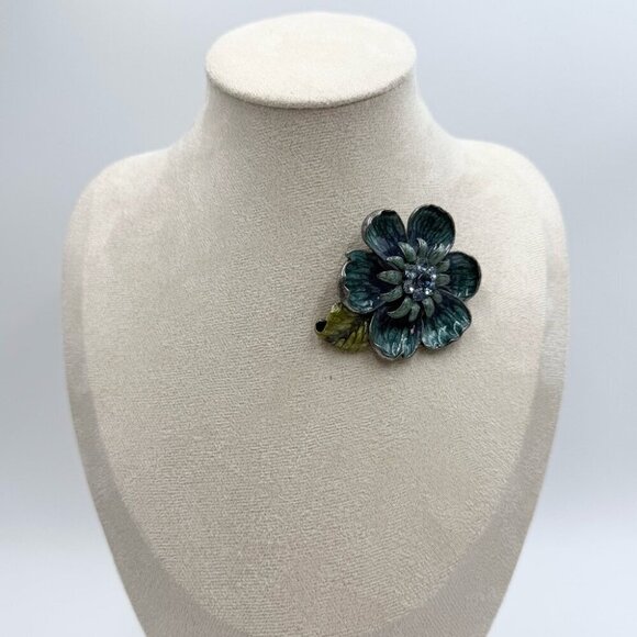 Vintage Teal Blue Enamel with Rhinestone Center Flower Brooch - Picture 1 of 5
